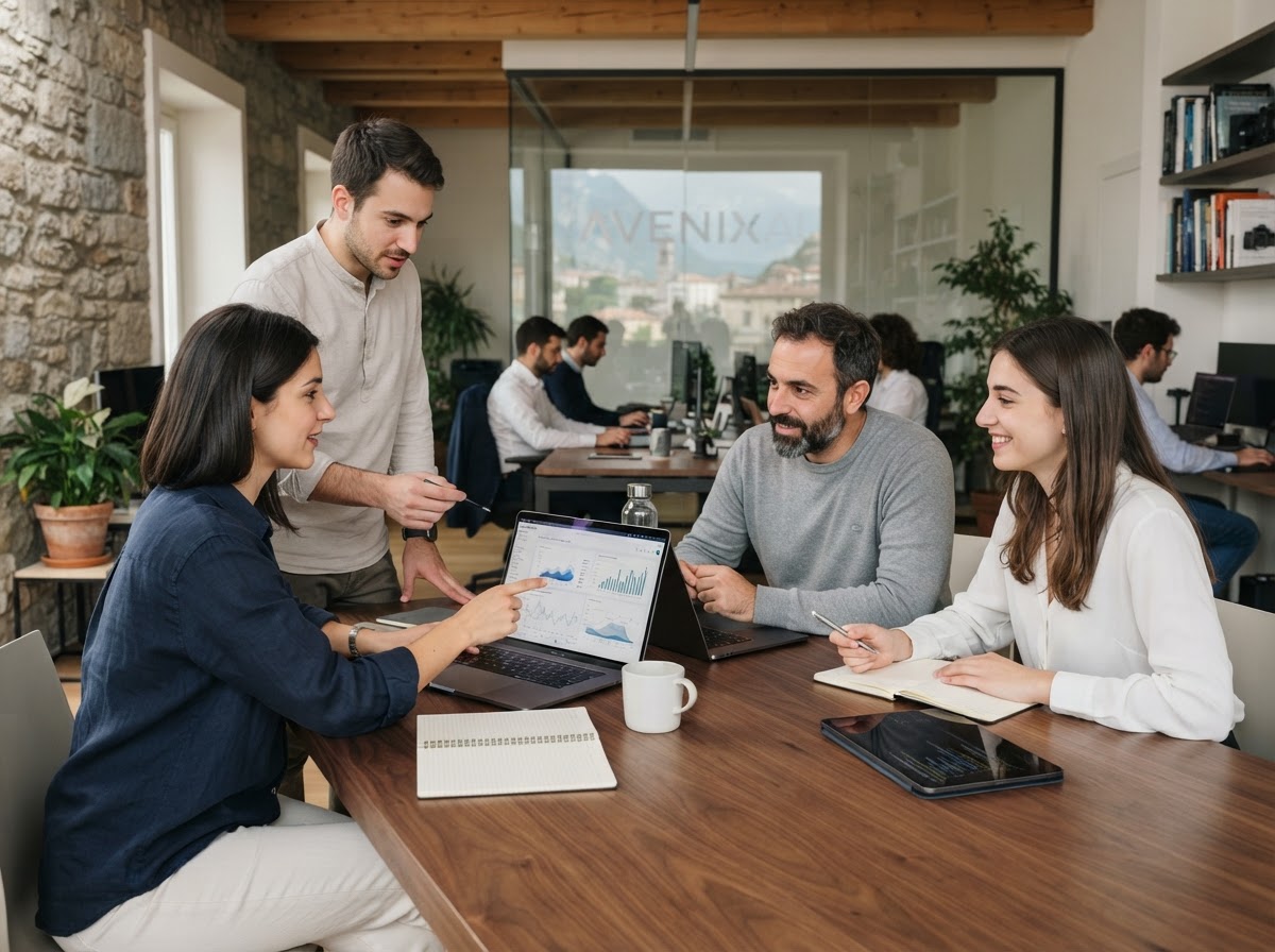 AVENIX AI, team di lavoro in un ambiente professionale dedicato all'analisi dei dati finanziari